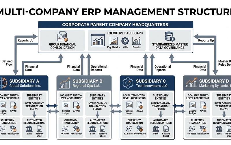 A coordinated multi-company ERP architecture connects subsidiary operations with corporate financial consolidation and master data governance. Multi-company ERP management structure showing corporate parent company headquarters with group financial consolidation and multiple subsidiary entities with localized accounting and automated reconciliations.