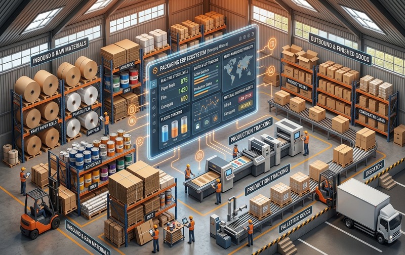 Packaging industry inventory management workflow in ERP showing real-time tracking of raw materials including paper, film, inks, work-in-progress, and finished goods pallets.