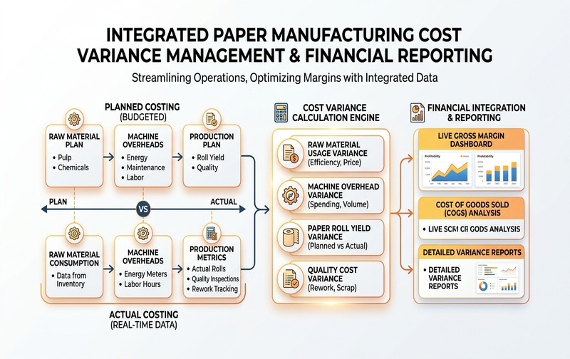 Comprehensive enterprise workflow showing integrated paper manufacturing cost variance management, comparing planned versus actual raw material consumption, machine overheads, roll yield variance, rework tracking, and live gross margin financial reporting.