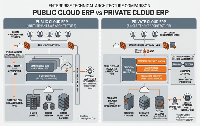 Enterprise architecture diagram comparing Public Cloud multi-tenant SaaS architecture with shared infrastructure and automated updates against Private Cloud single-tenant architecture with dedicated infrastructure and customer-controlled releases.