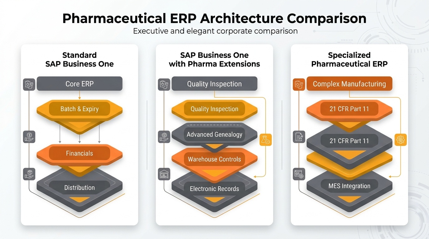 Professional enterprise comparison infographic illustrating Standard SAP Business One, SAP Business One with pharma add-ons, and specialized pharma ERP architecture across batch tracking, quality release, compliance, and validation.