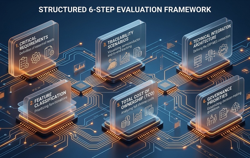 Executive 3D framework diagram displaying the structured evaluation roadmap for semiconductor ERP: critical requirements, feature classification, traceability testing, technical integration, total cost of ownership, and governance.