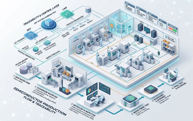 Semiconductor manufacturing production control and genealogy architecture showing cleanroom wafer fab, automated optical inspection, lot tracking, and ERP integration.