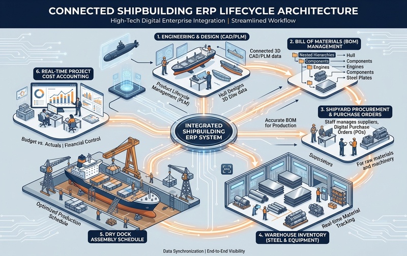 Comprehensive enterprise workflow diagram illustrating end-to-end shipbuilding project lifecycle architecture across CAD/PLM engineering design, BOM management, shipyard procurement, warehouse inventory, dry dock assembly schedule, and real-time cost accounting.