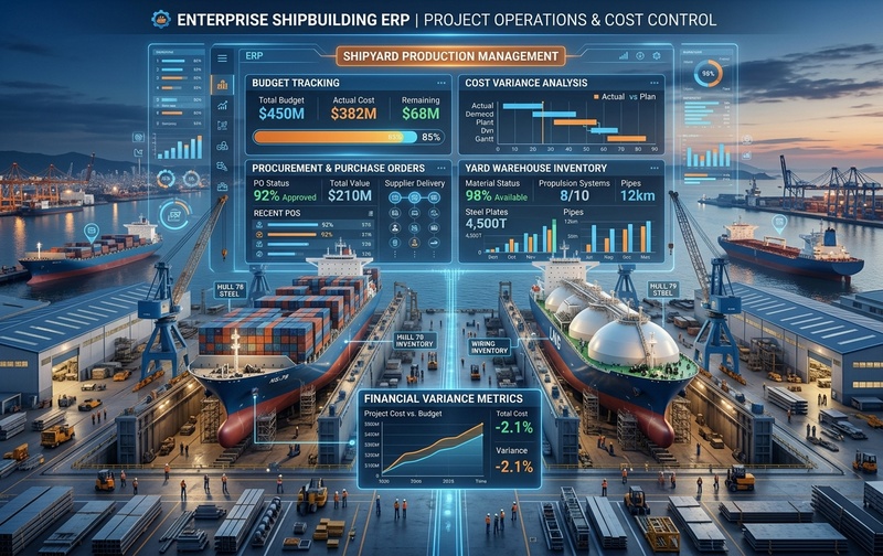 Enterprise 3D schematic illustrating shipbuilding project operations and cost control in an ERP system, connecting vessel construction progress, budget tracking, procurement orders, yard warehouse inventory, and financial variance metrics.